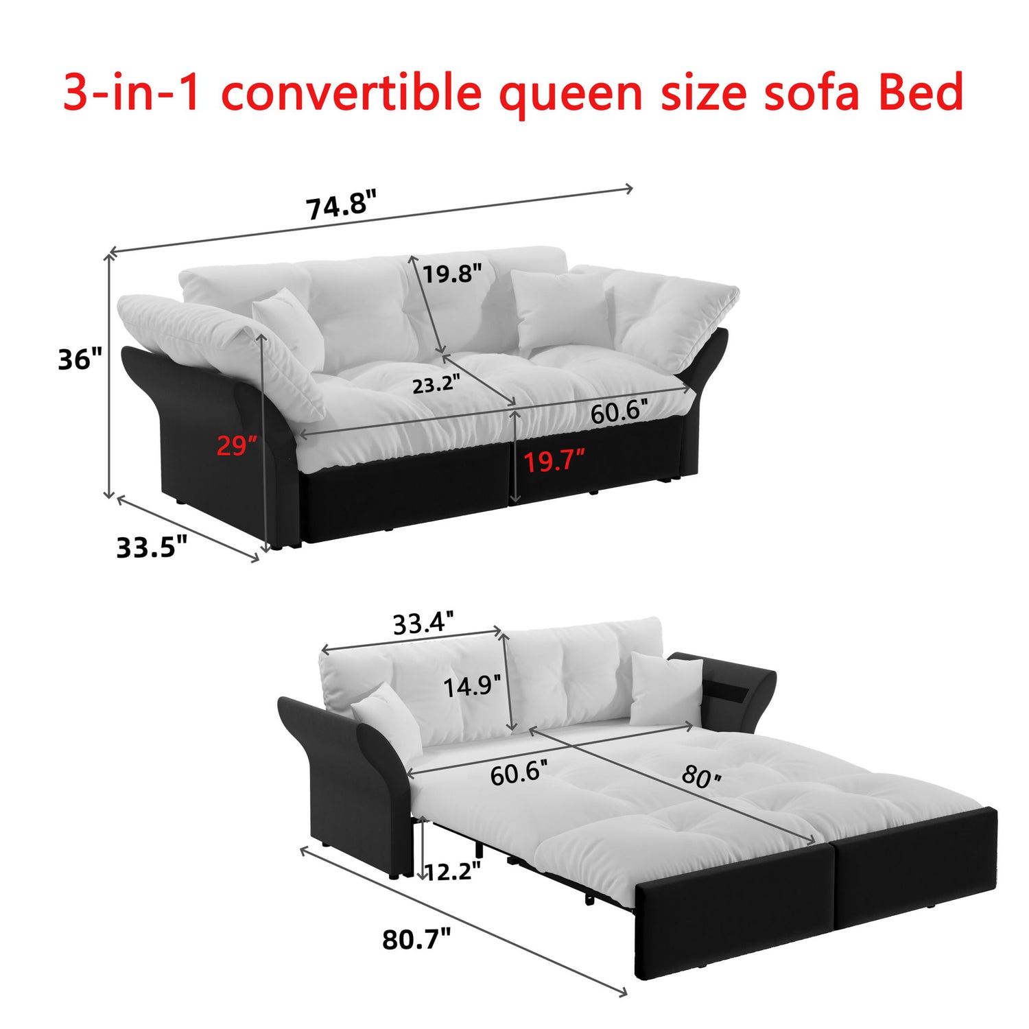 Queen Pull Out, 3 In 1 Convertible Sleeper Tufted Sofa &amp; 2 Soft Pillows