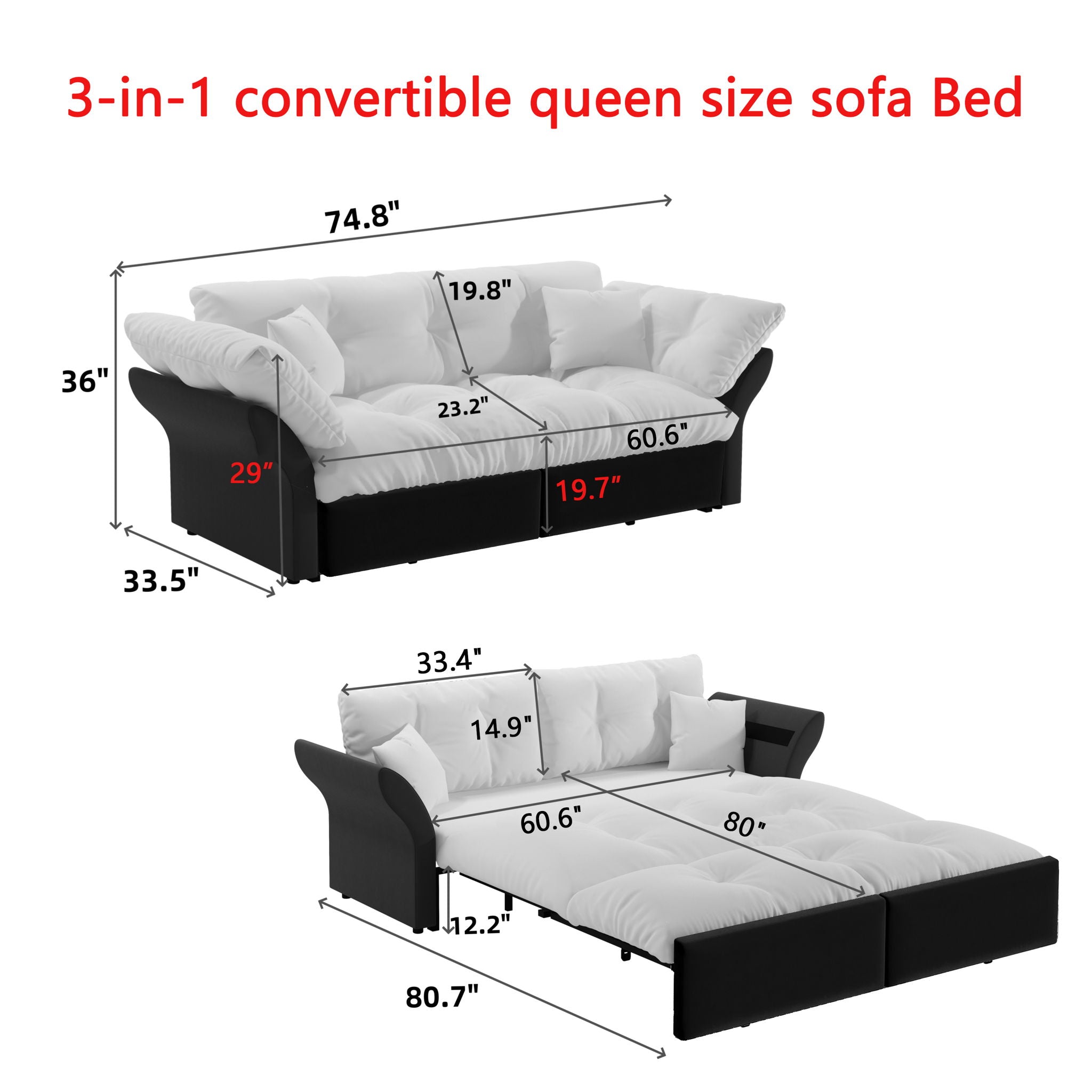 Queen Pull Out, 3 In 1 Convertible Sleeper Tufted Sofa &amp; 2 Soft Pillows