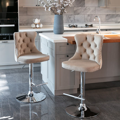 Swivel Velvet Barstools Adjusatble Seat Height From 25-33&quot;, Modern Upholstered Chrome Base Bar Stools With Backs Comfortable Tufted For Home Pub And Kitchen Island (Set of 2)