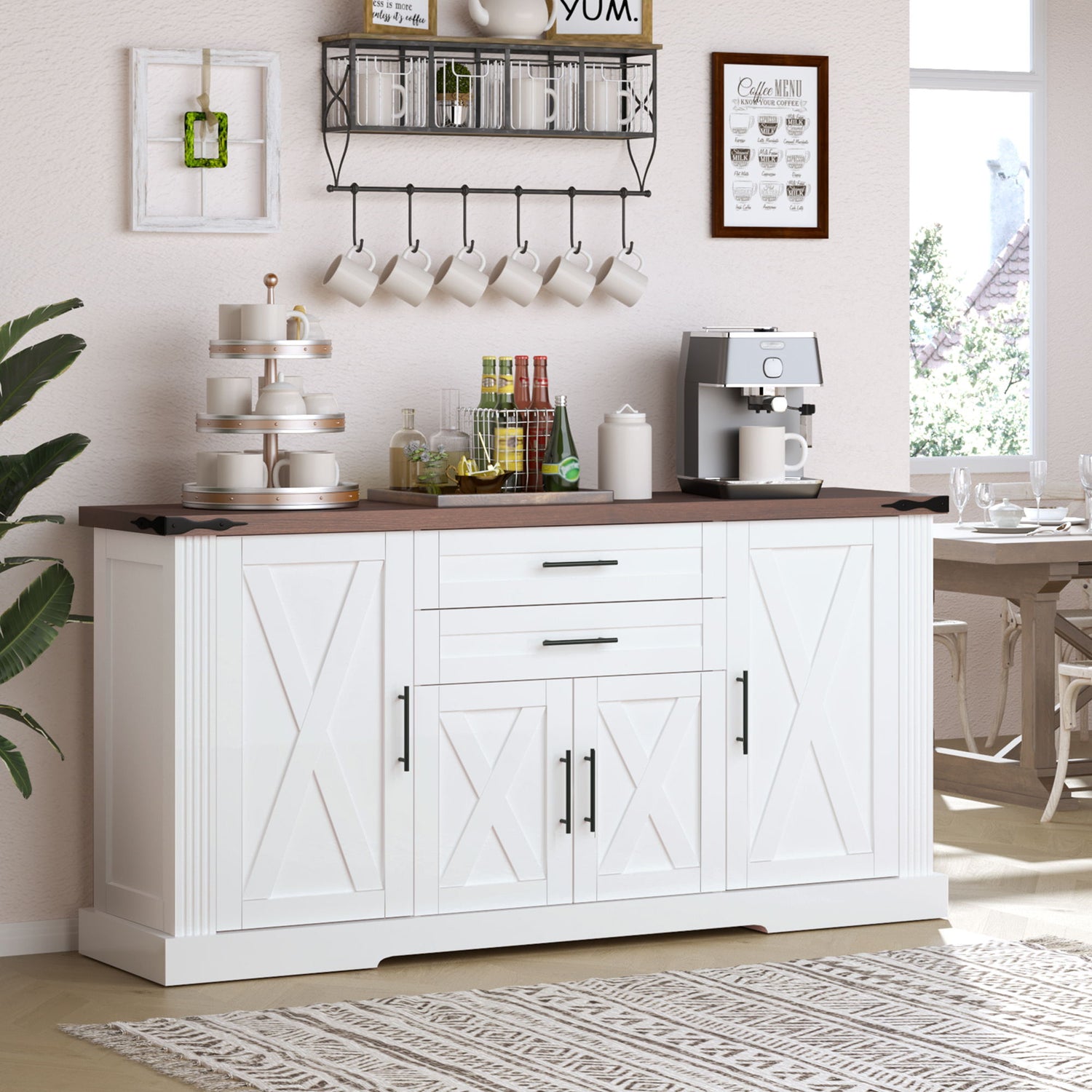 Barn Door Storage Cabinet With 2 Drawers &amp; Door Rack, Adjustable Shelves