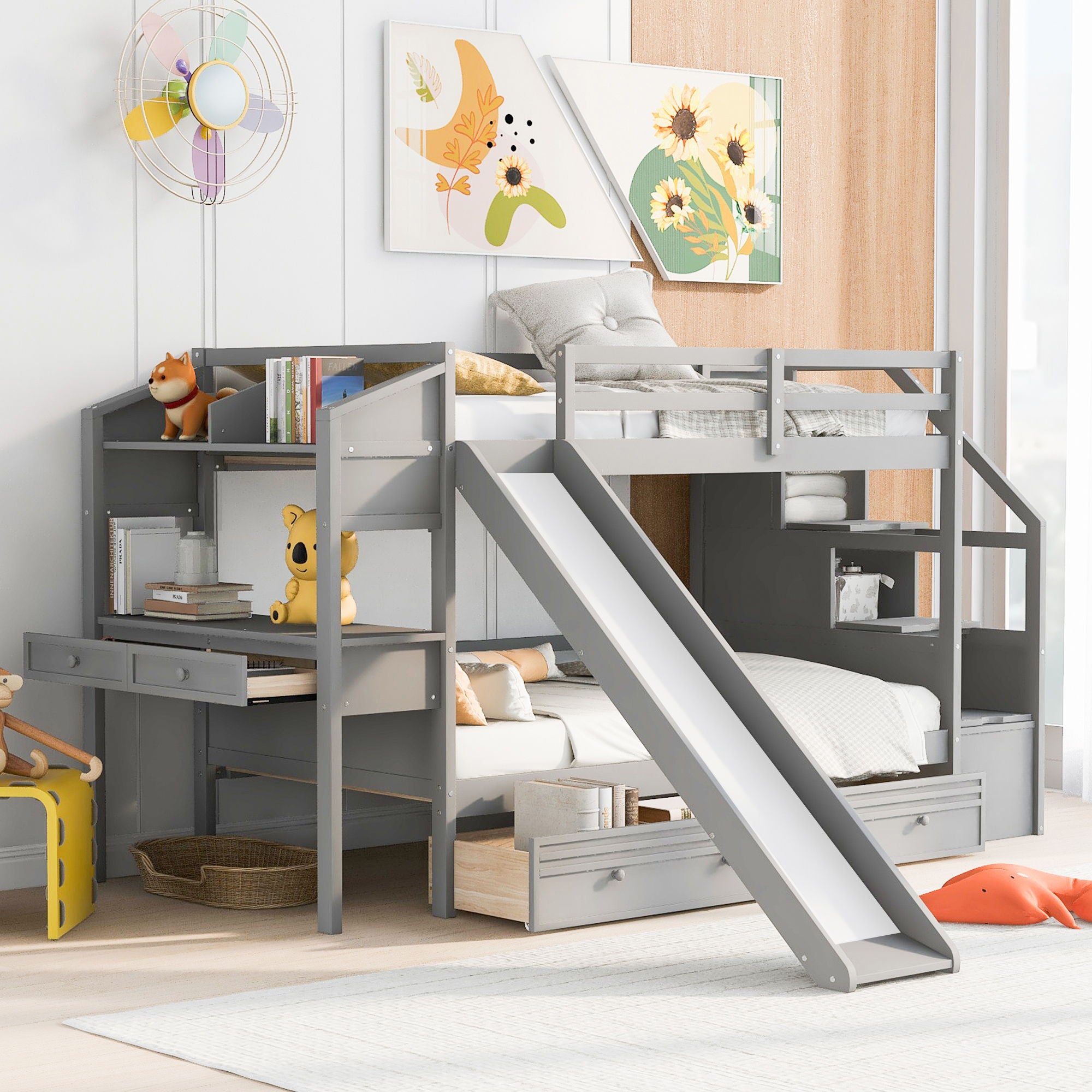 Bunk Bed With Storage Staircase, Slide, Desk, Drawers, And Shelves