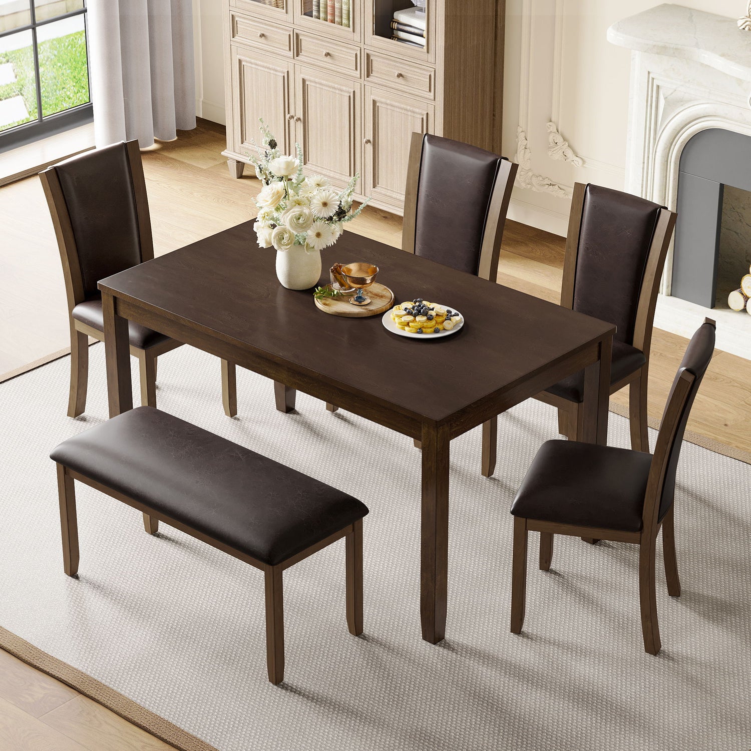 6 Piece Dining Table Set &amp; Bench And Chairs For Dining Room - Dark Walnut