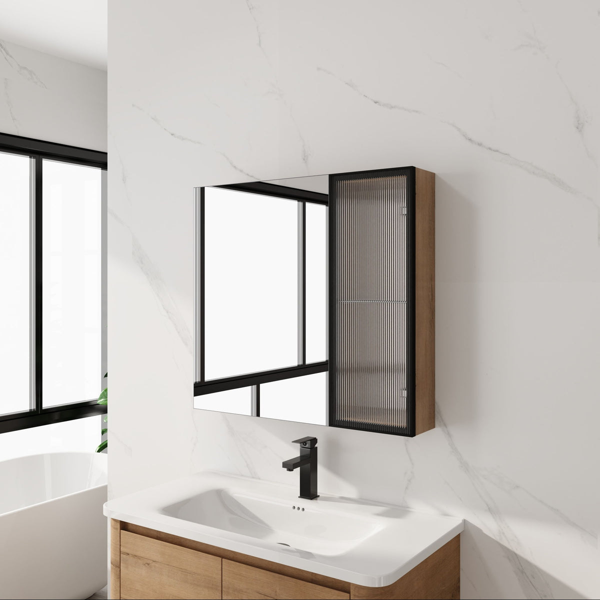 Wall Mounted Bathroom Cabinet &amp; Adjustable Shelves - Imitative Oak
