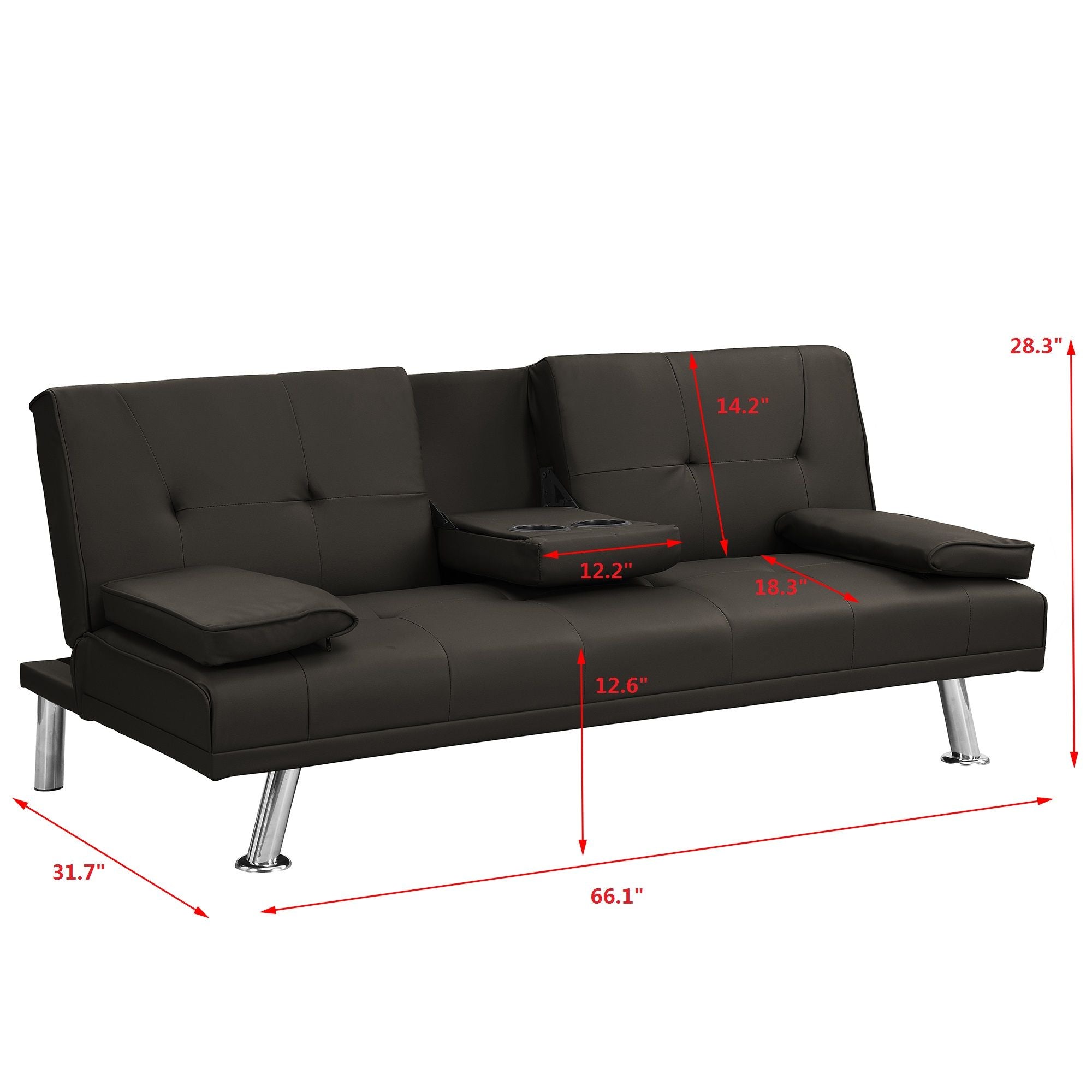 Modern Sofa Bed With Armrest 2 Holders, Wood Frame &amp; Stainless Leg