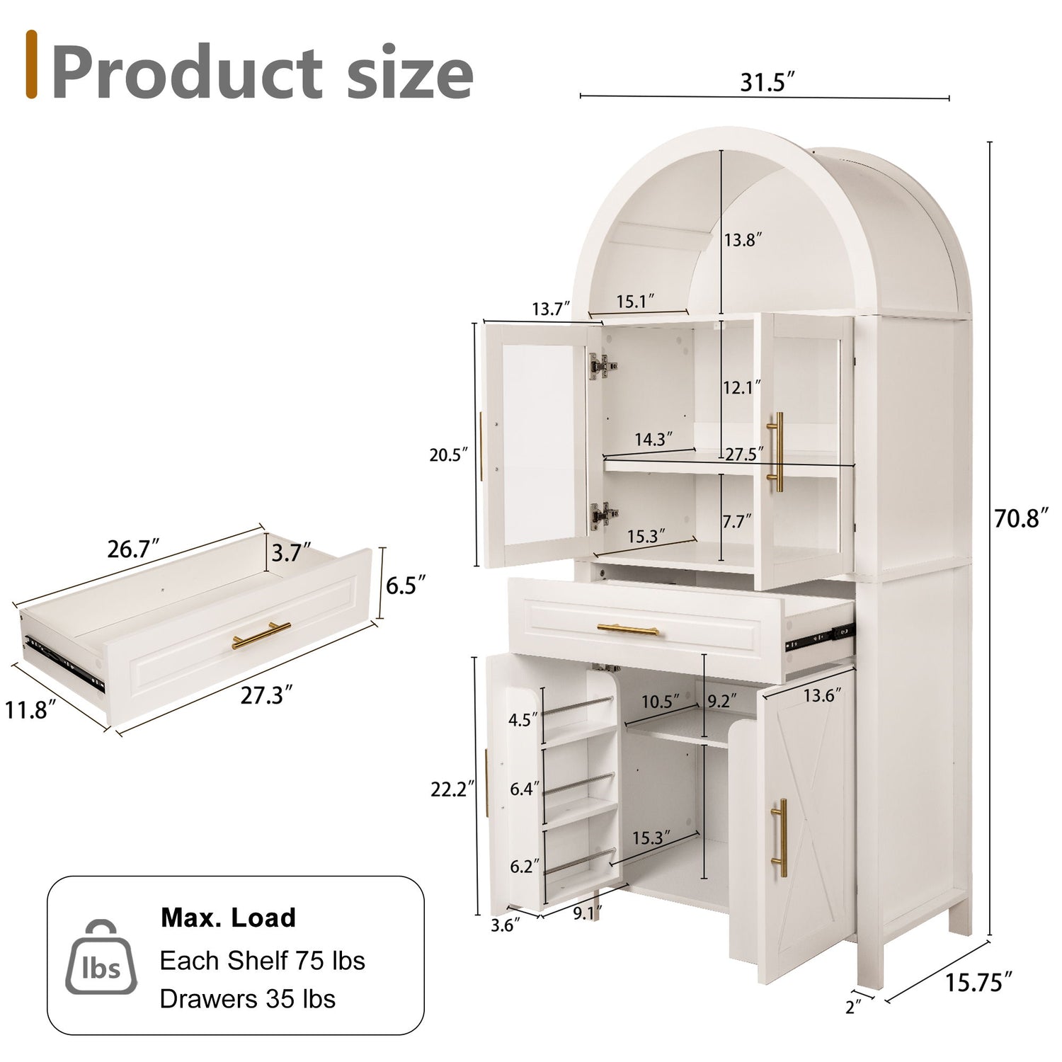 Arched Kitchen Pantry Cabinet With Adjustable Shelves &amp; Barn Door Design