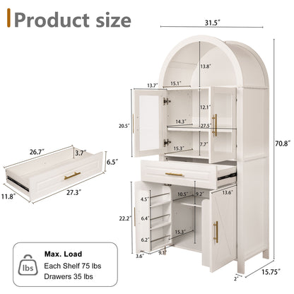 Arched Kitchen Pantry Cabinet With Adjustable Shelves &amp; Barn Door Design