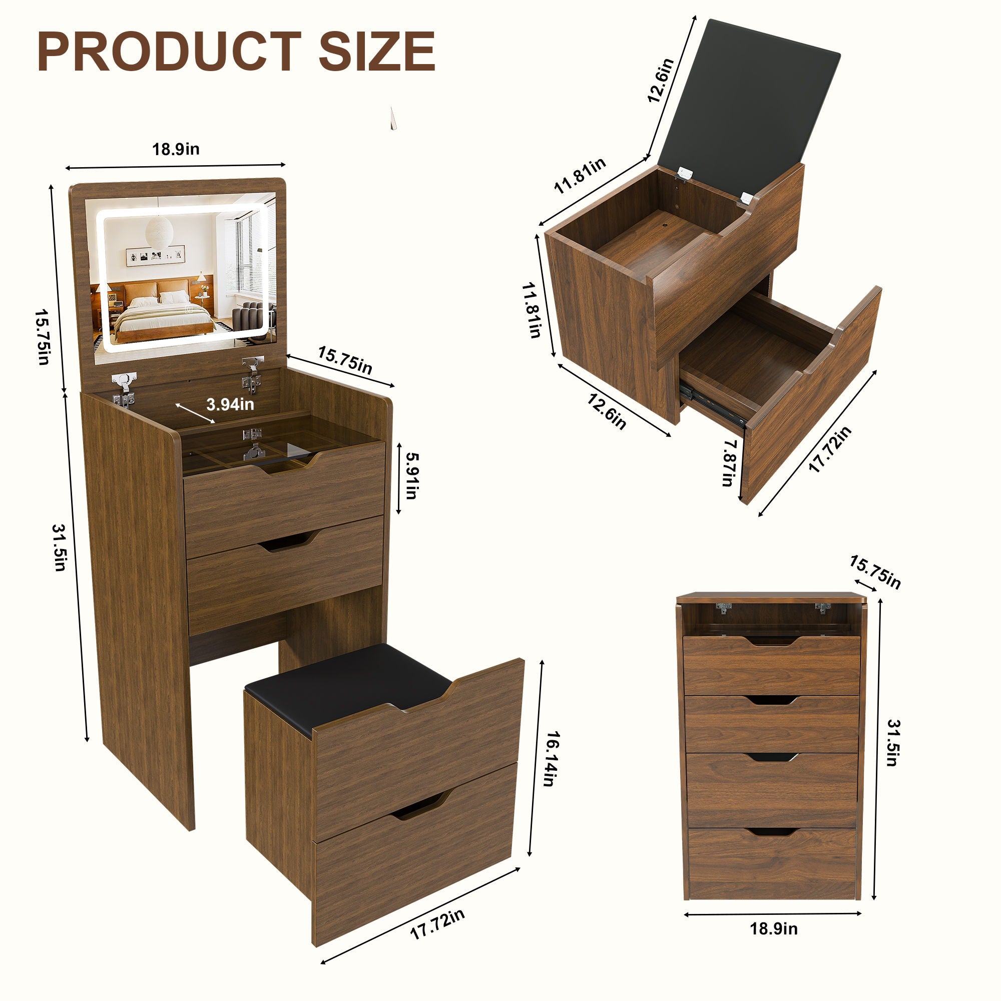 Vanity Desk With Lighted Mirror &amp; Stool