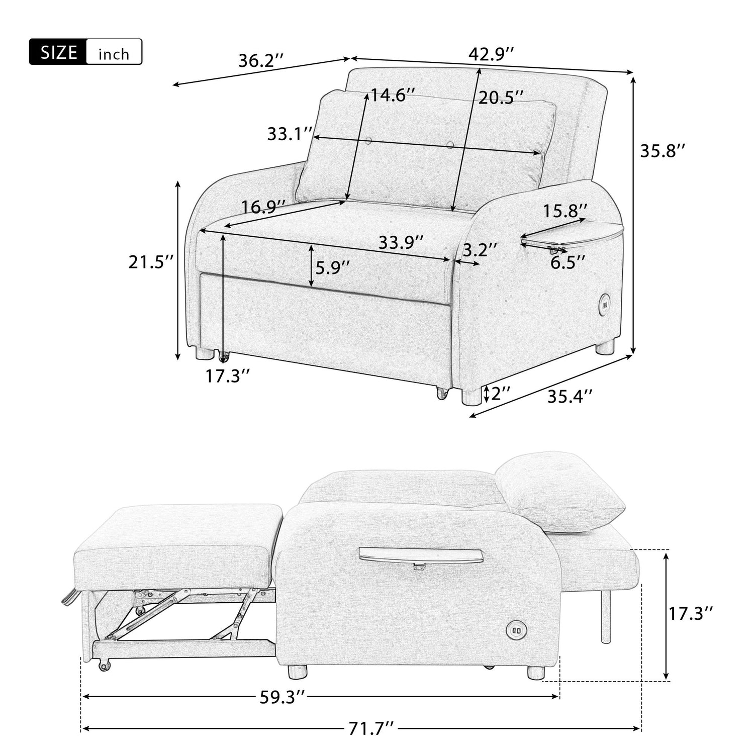 Versatile Pull Out Sofa Sleeper 3 In 1 With Wing Table &amp; USB Charge, Compact Design