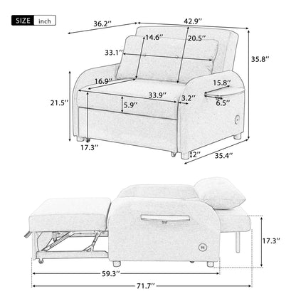 Versatile Pull Out Sofa Sleeper 3 In 1 With Wing Table &amp; USB Charge, Compact Design