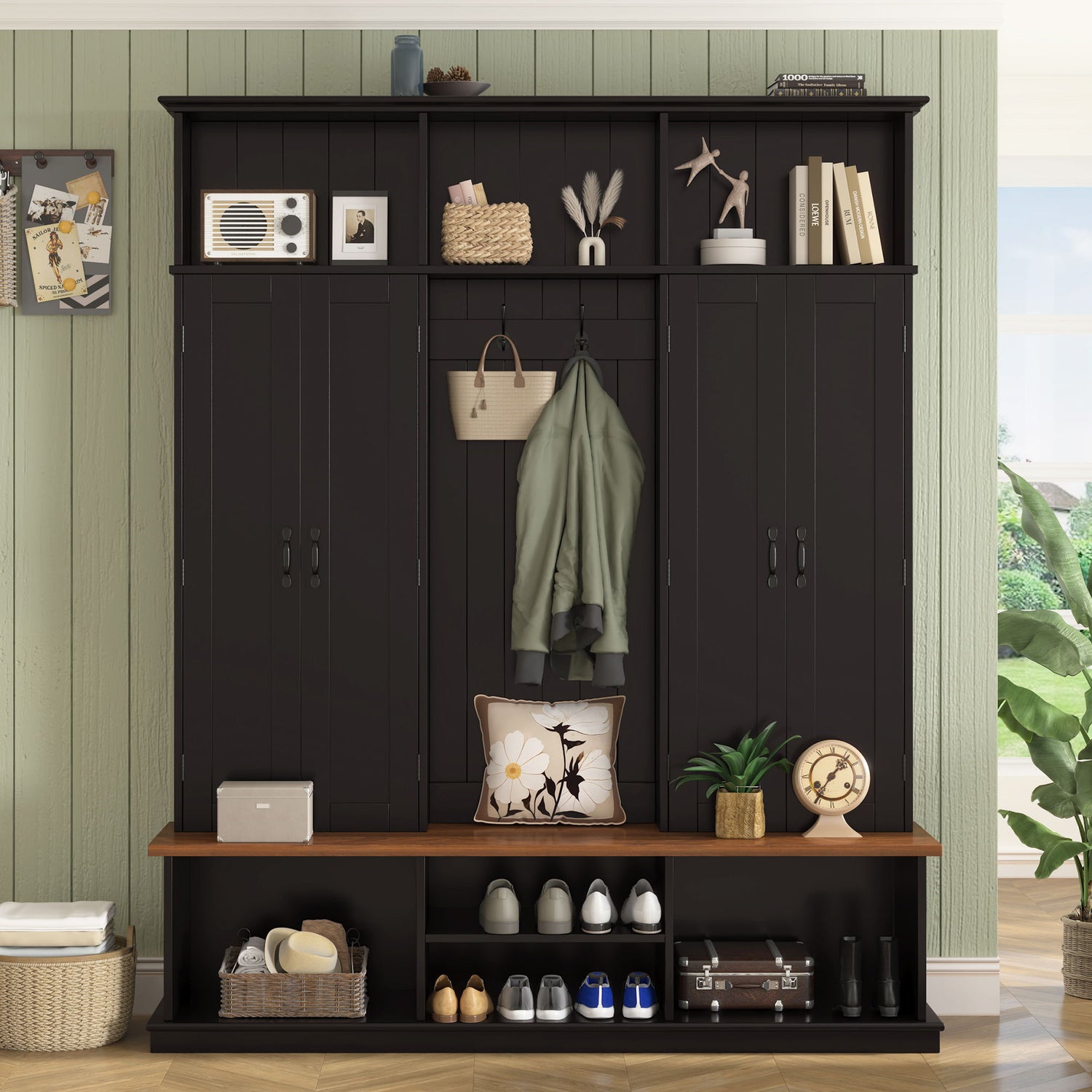 Entryway Hall Tree With Bench, 3 Top Cubbies &amp; Bottom Storage Space