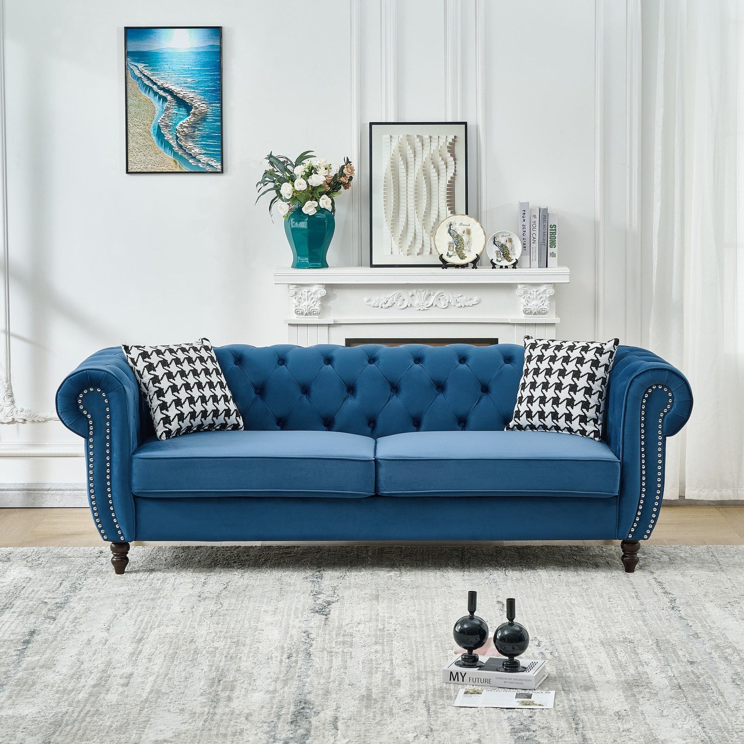 Mid Century Chesterfield Velvet Fabric Sofa With Roll Armrest &amp; Nailhead, Blue, 87 Inches
