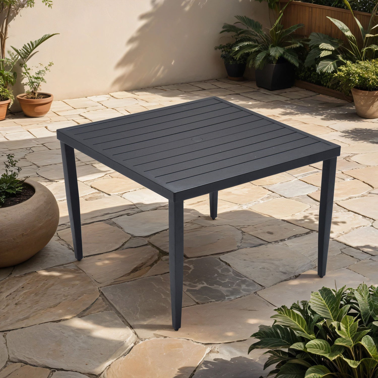 Outdoor Patio Dining Table With Tapered Feet &amp; Umbrella Hole