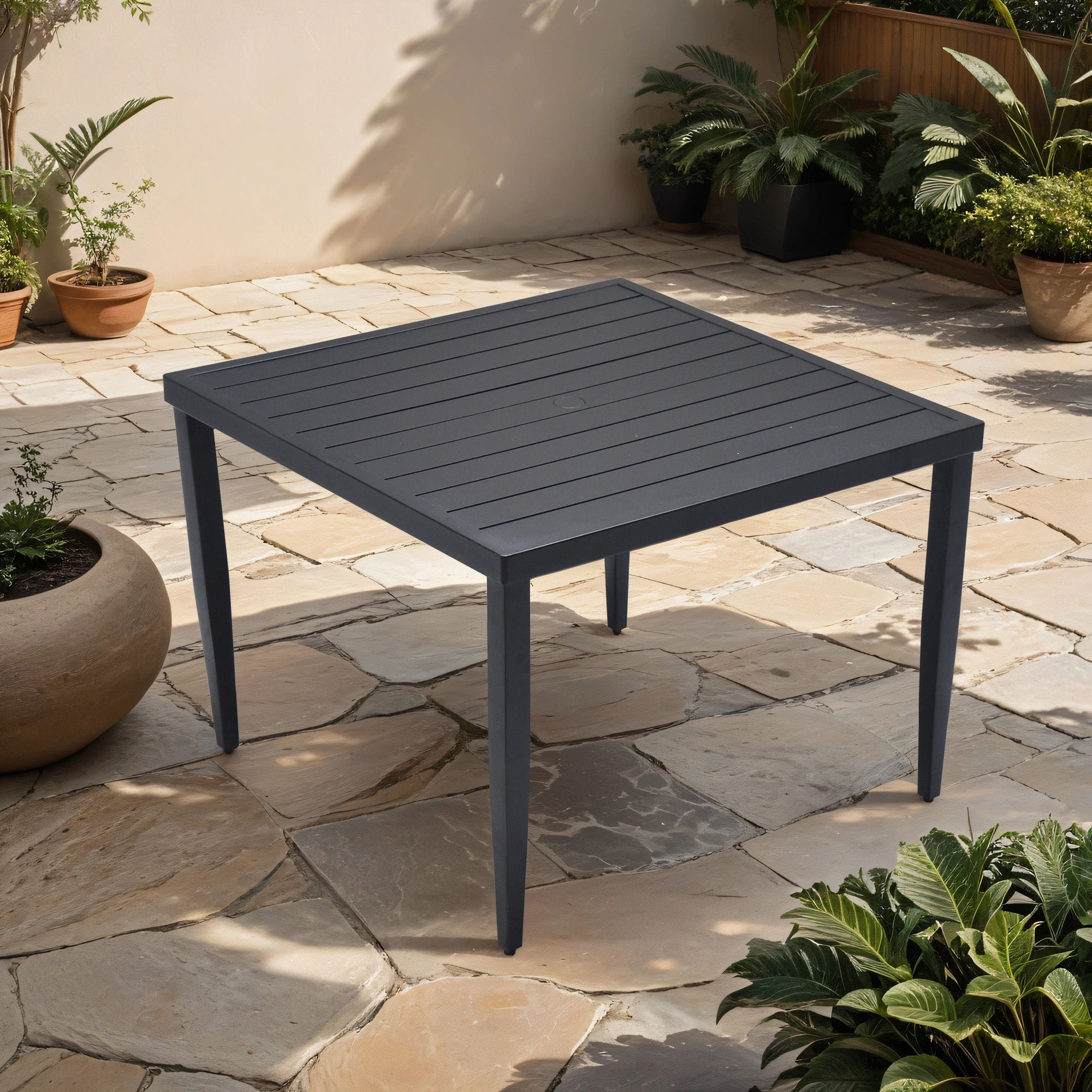 Outdoor Patio Dining Table With Tapered Feet &amp; Umbrella Hole