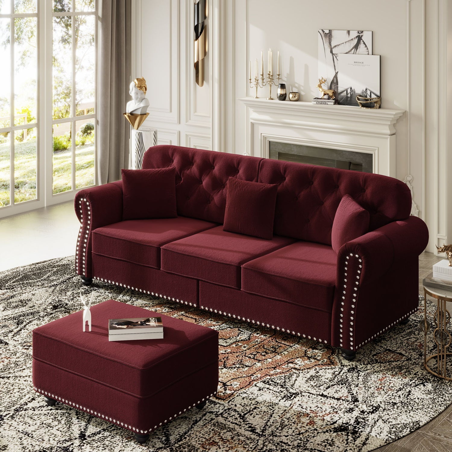 Upholstered 3 Seater Sofa Set With Ottoman