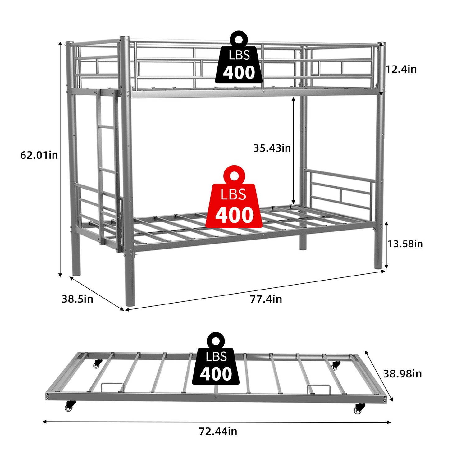 Bunk Bed For Kids, Convertible Frame With Ladders &amp; Guardrail