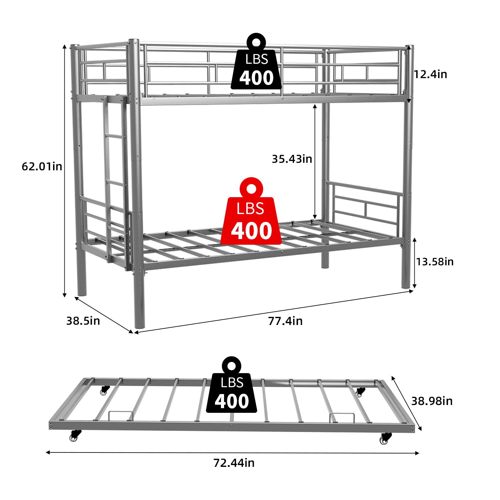 Bunk Bed For Kids, Convertible Frame With Ladders &amp; Guardrail