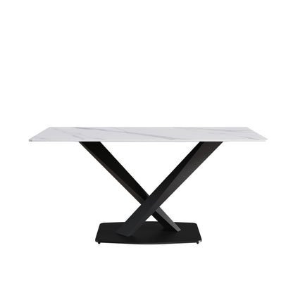 63&quot; Modern Artificial Stone Straight Edge Metal X-Leg Dining Table, 6 People - White / Black