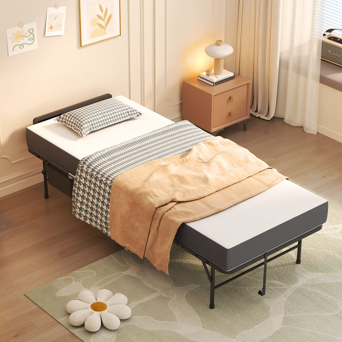 Twin Folding Bed With Adjustable Headboard &amp; Memory Foam, Space Saving Rollaway Guest For Tall People, Portable On Wheels, Easy Assembly - Black
