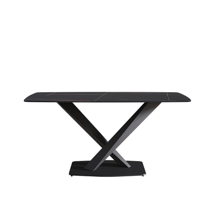63&quot; Artificial Stone Black Curved Black Metal Leg Dining Table - Black