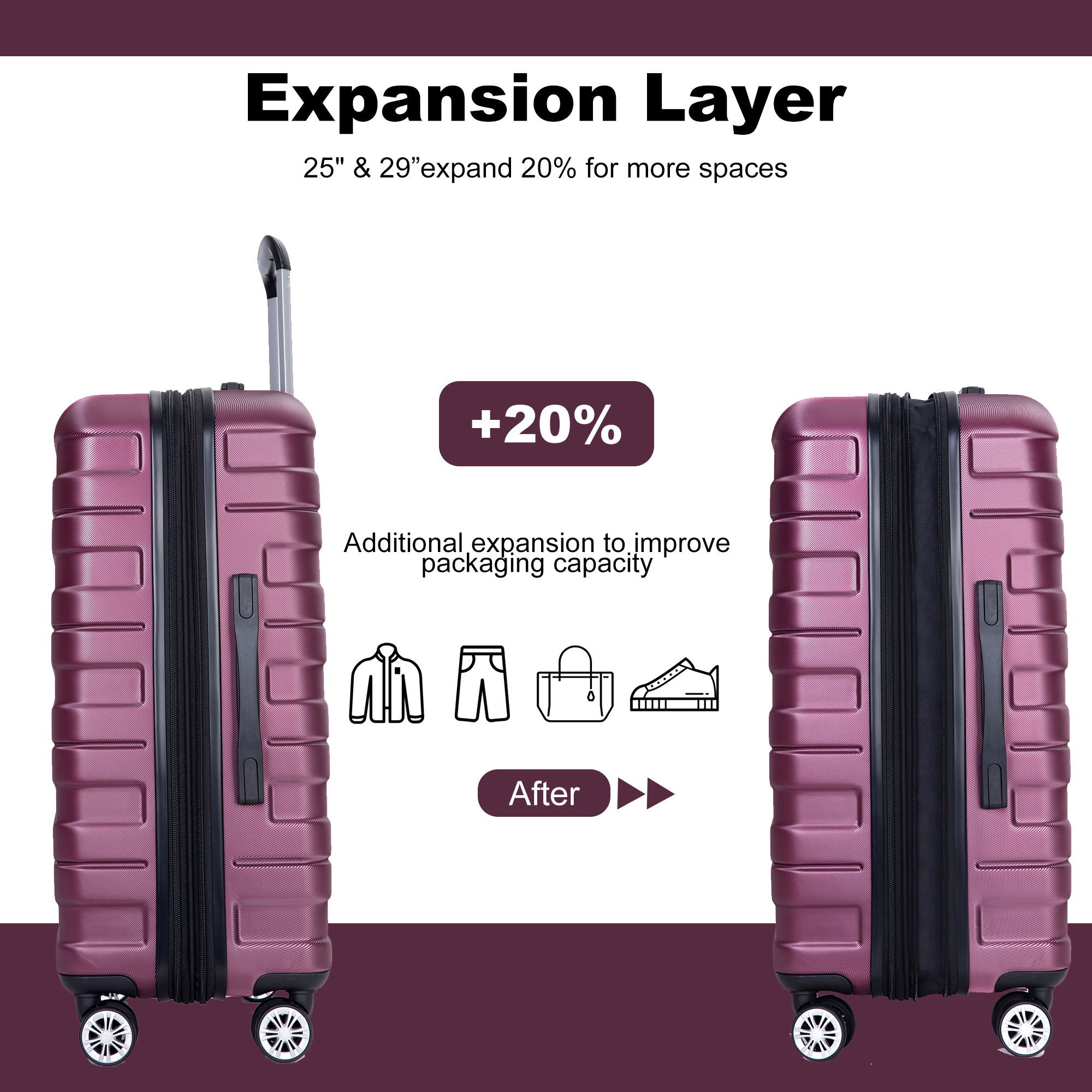 3 Piece Luggage Sets Lightweight &amp; Durable Expandable Suitcase With Two Hooks