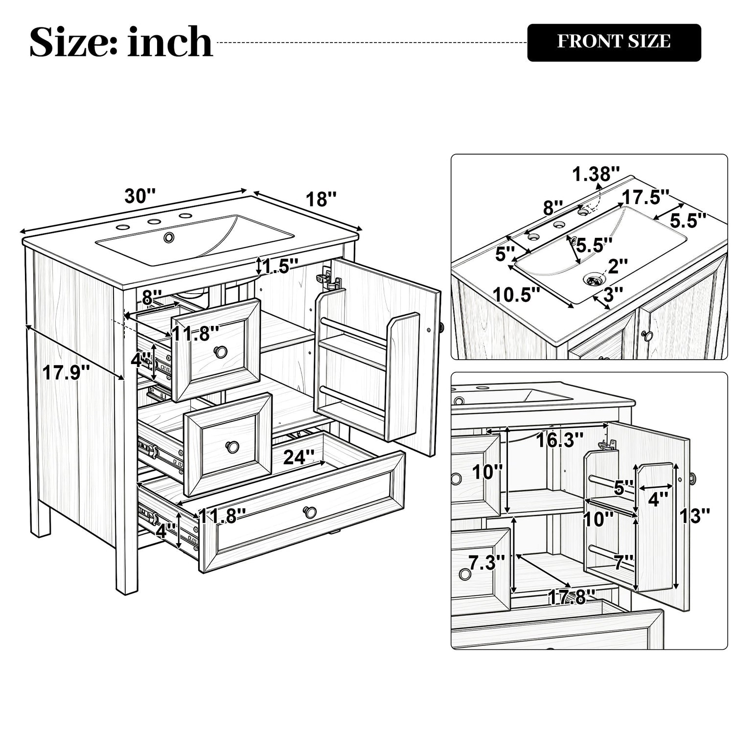 Modern Bathroom Vanity With Sink, Soft Close Drawers &amp; Door, Storage Rack
