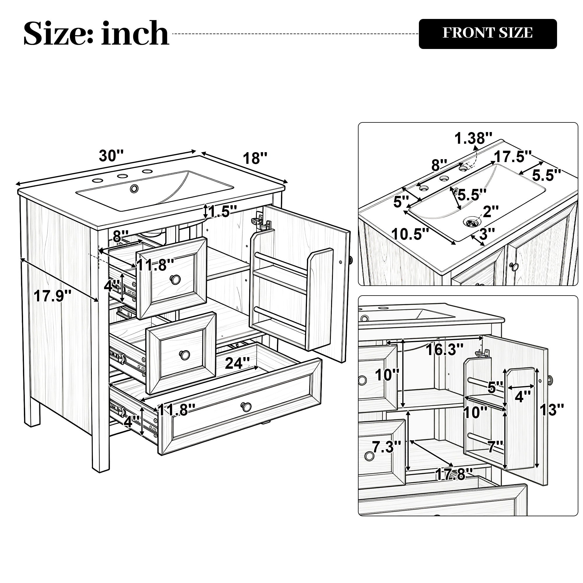 Modern Bathroom Vanity With Sink, Soft Close Drawers &amp; Door, Storage Rack