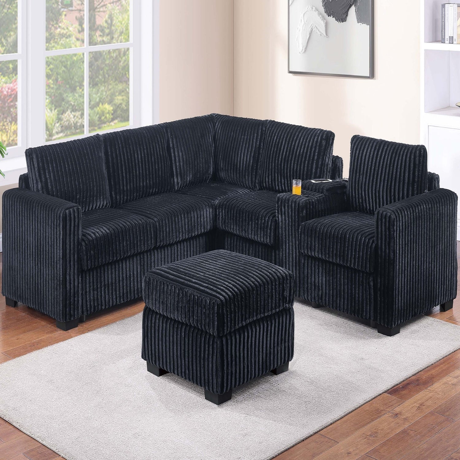 Contemporary L-Shaped Sectional Set With USB Console &amp; Ottoman
