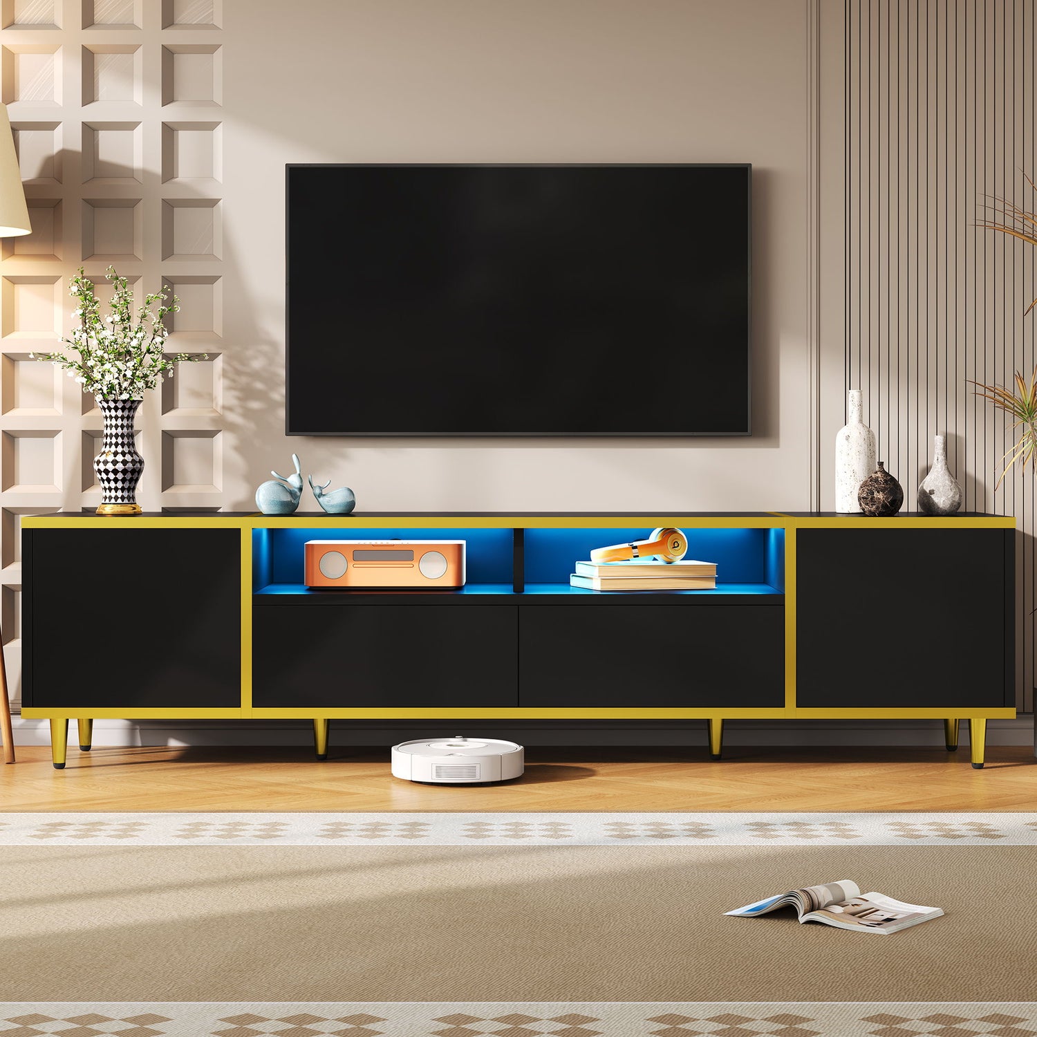 TV Stand For TVs Up To 80&quot;, Entertainment Center With 2 Shelves And LED Lights