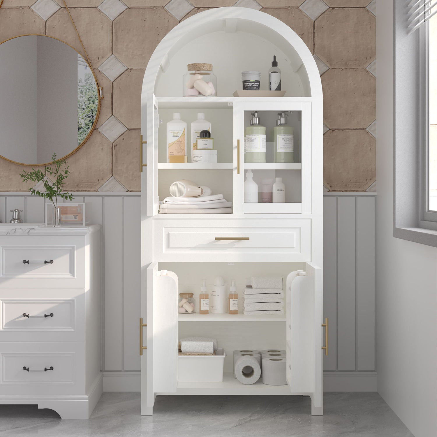 Arched Kitchen Pantry Cabinet With Adjustable Shelves &amp; Barn Door Design