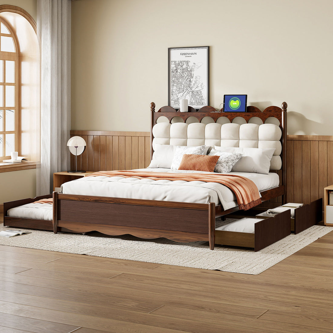 Storage Platform Bed, With 2 Big Drawers, Trundle, One Set Of Sockets &amp; USB Ports