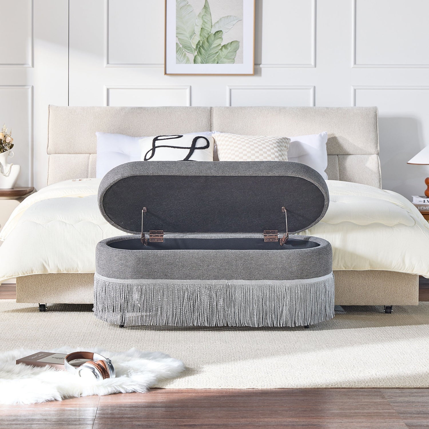 Oval Upholstered Storage Ottoman With Fringe Trim &amp; Lift Top Lid