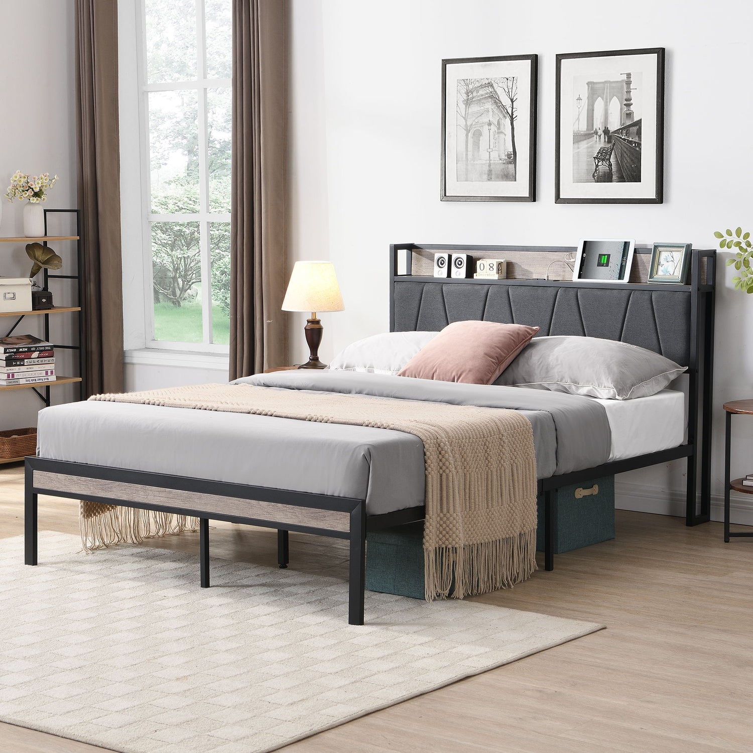 Modern Bed Frame With LED Lights, Upholstered Headboard, USB Charging
