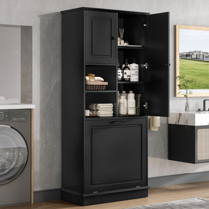 Modern Tall Storage Cabinet With Adjustable Shelves, Flip-Out Basket &amp; Enclosed Doors