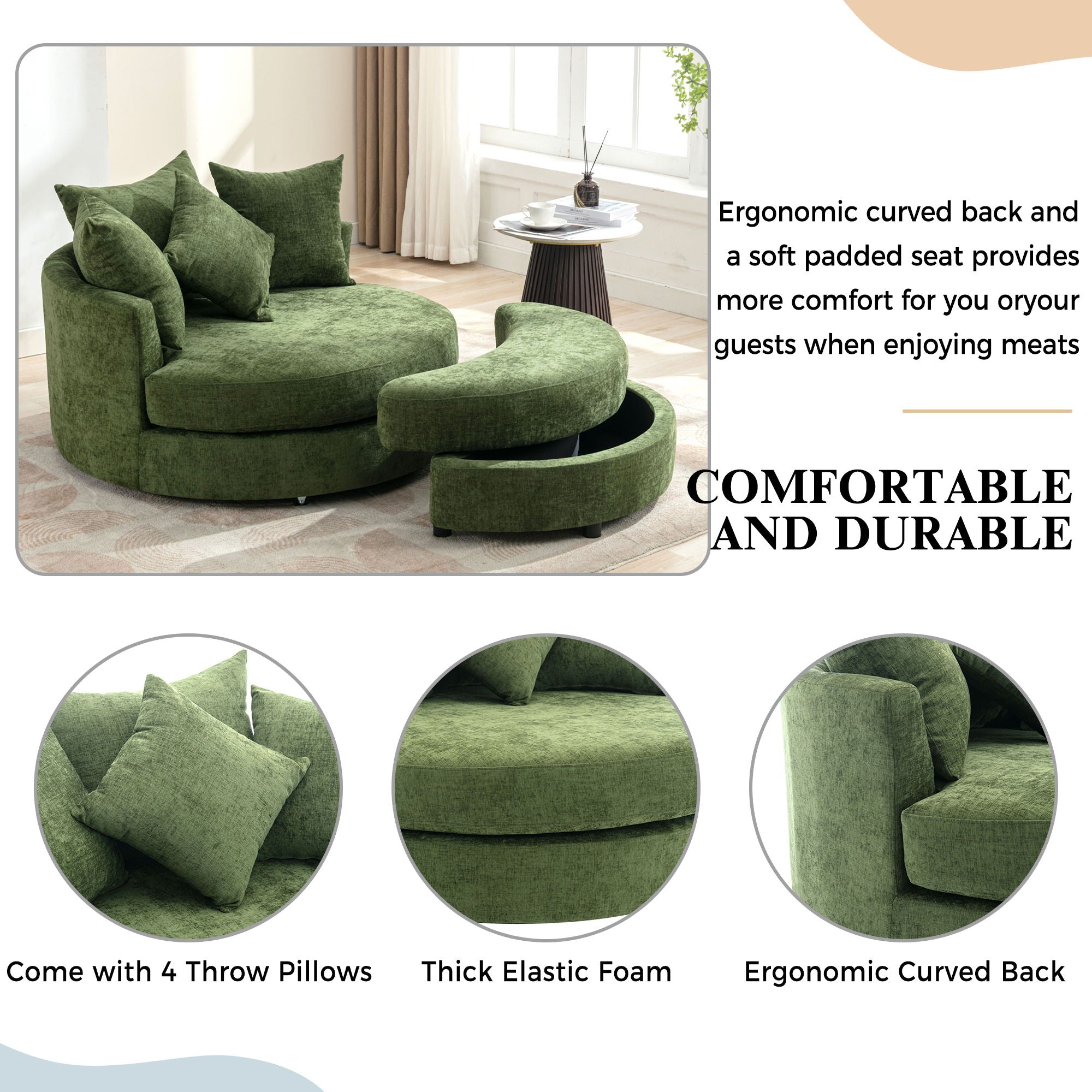 360° Swivel Accent Barrel Chair With Storage Ottoman &amp; 4 Pillows, Modern Chenille Leisure Chair Round Accent For Living Room
