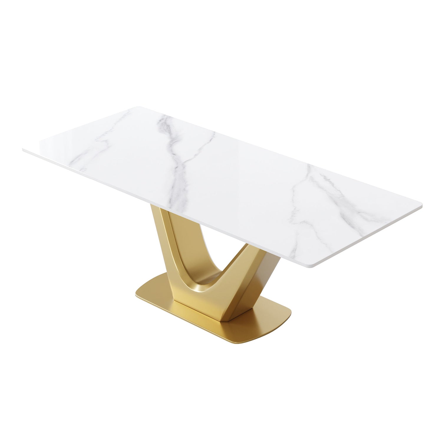 70.84&quot; Modern Artificial Stone Panel V-Shaped Metal Legs, Can Accommodate 6-8 People - White / Gold