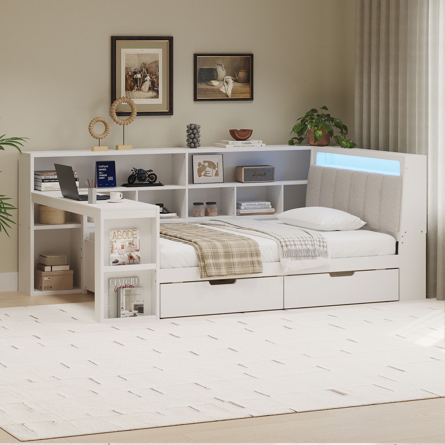 L Shaped Daybed With Desk, Bookcase, Upholstered Headboard, Drawers, And LED Light