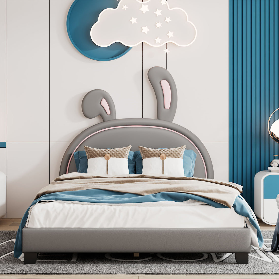 Upholstered Leather Platform Bed With Rabbit Ornament