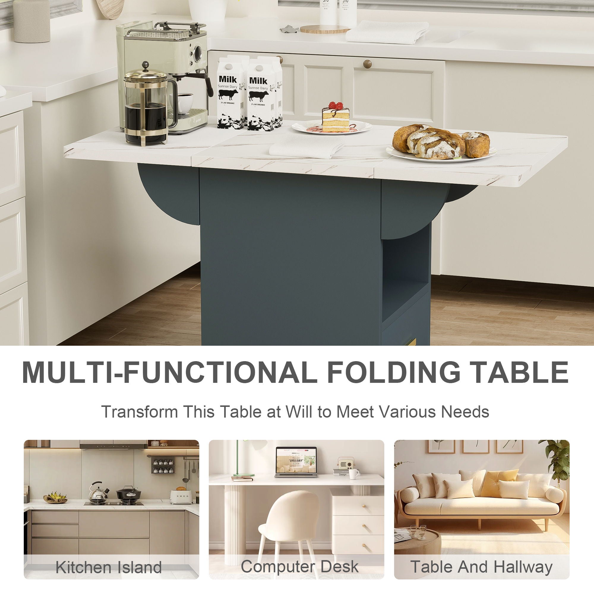Versatile Wood Folding Dining Table With Wheels, Storage Rack &amp; Drawer, Space Saving Design - White