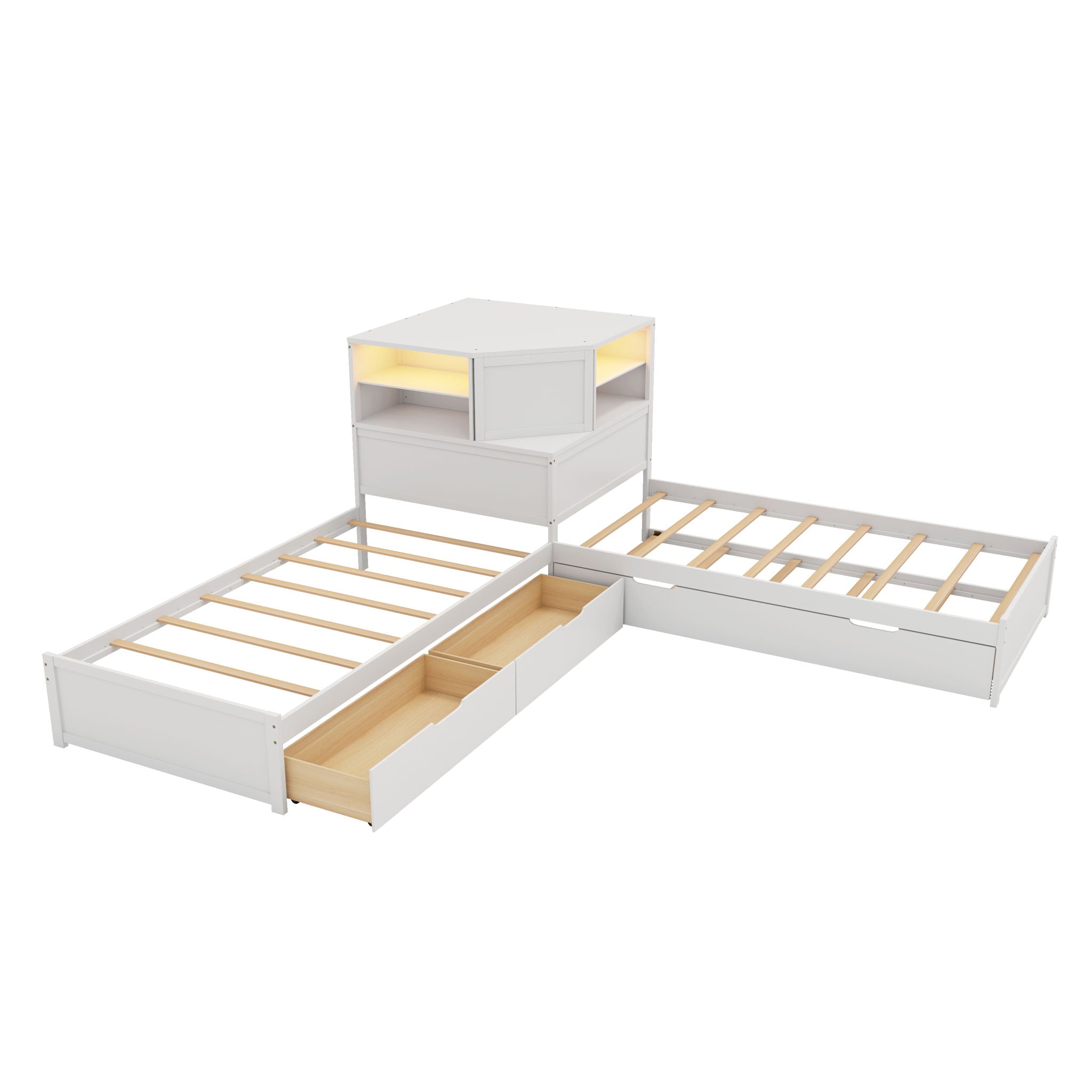 L-Shaped Bed Frame With Trundle, Built In Desk &amp; LED Lighting