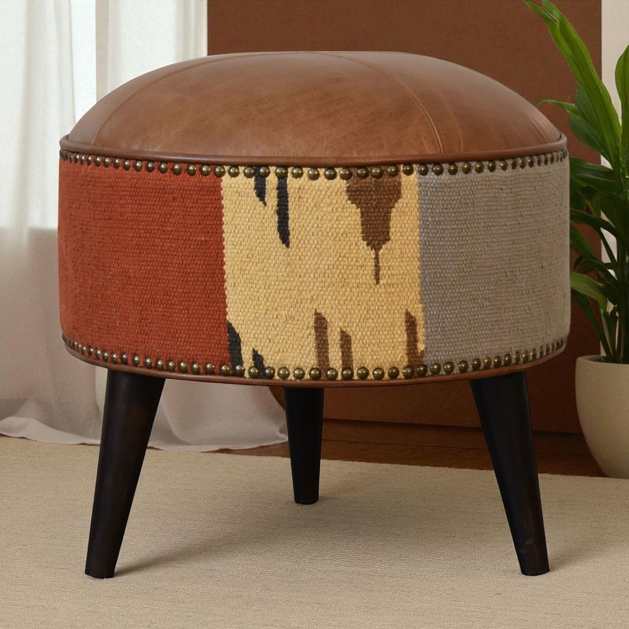 Durrie &amp; Leather Mixed Footstool - Brown