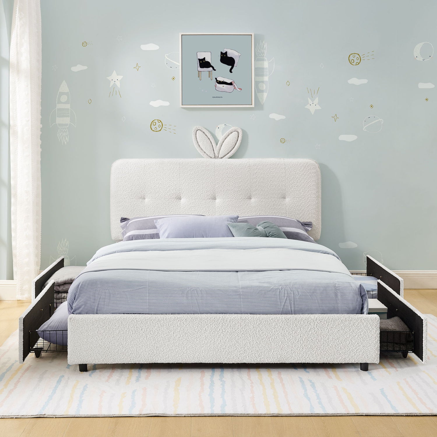 Upholstered Bed With Oversized Rabbit Ear Headboard, LED Lights &amp; 4 Storage Drawers