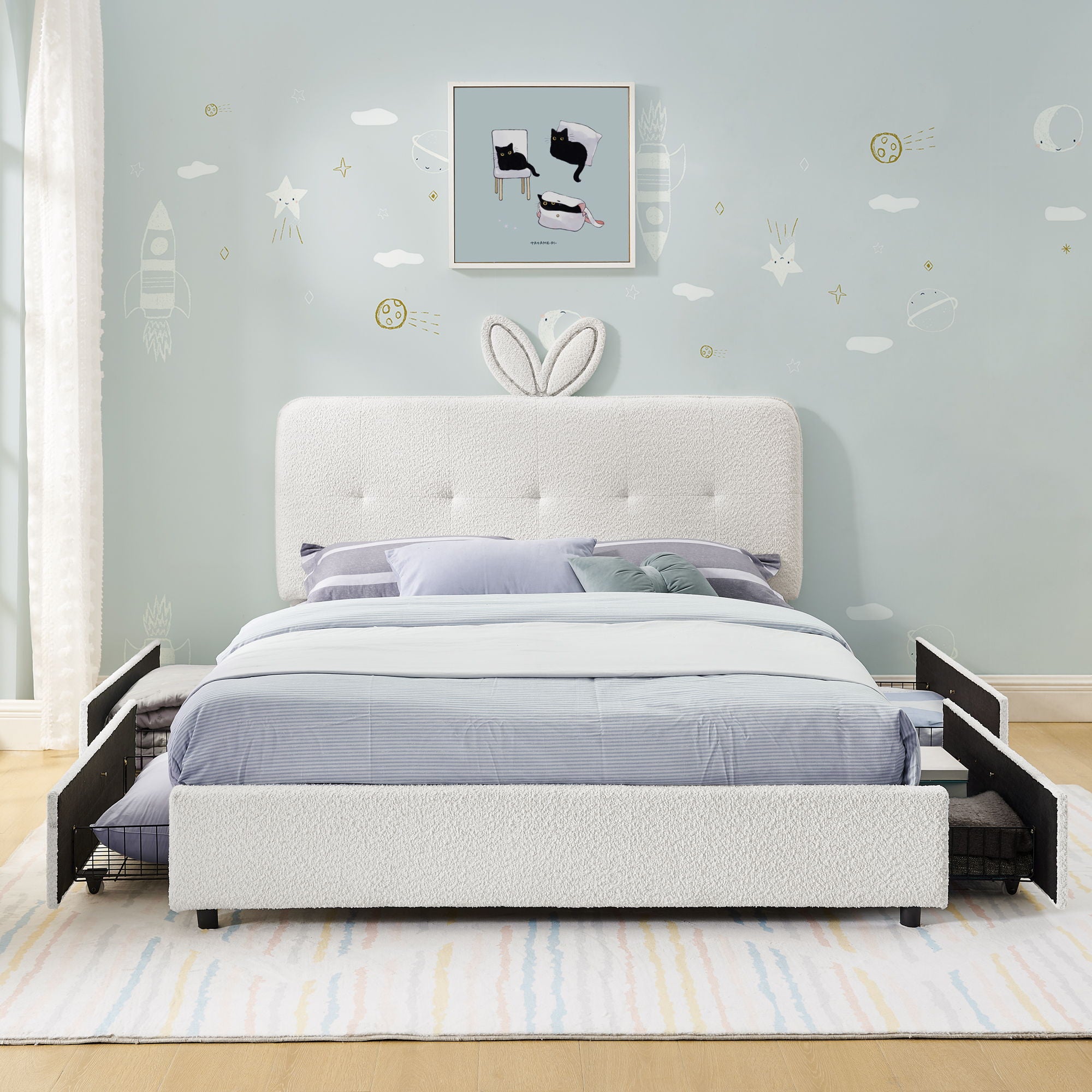 Upholstered Bed With Oversized Rabbit Ear Headboard, LED Lights &amp; 4 Storage Drawers