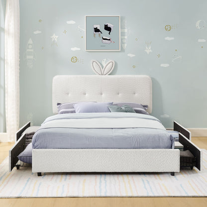Upholstered Bed With Oversized Rabbit Ear Headboard, LED Lights &amp; 4 Storage Drawers