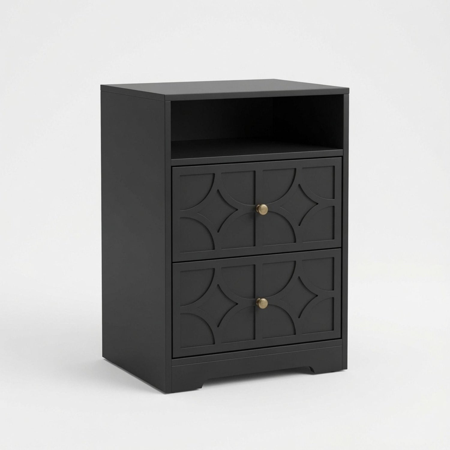 Nightstand With Diamond Carvings Handles, 2 Drawers &amp; Charging Station