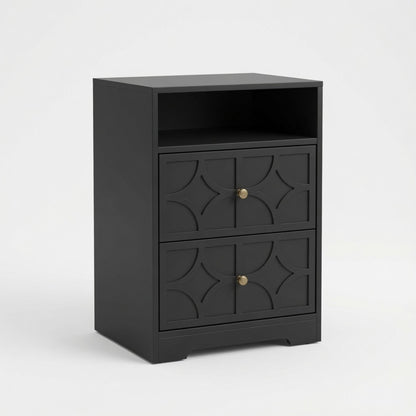 Nightstand With Diamond Carvings Handles, 2 Drawers &amp; Charging Station