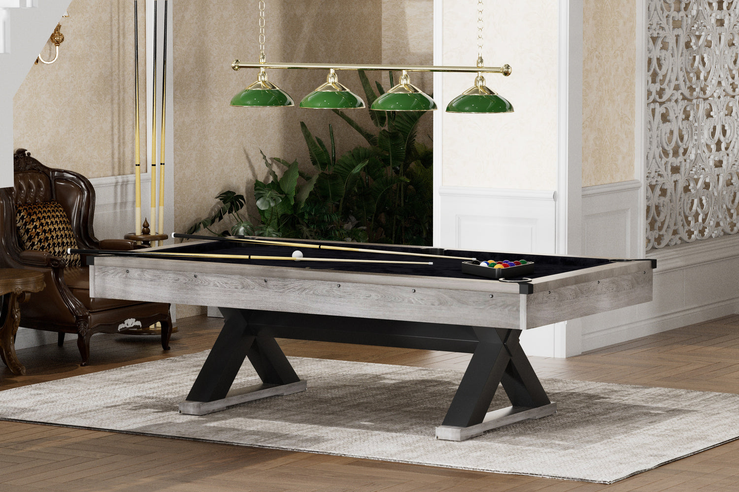 84&quot; Pool Table with Billiard Balls, Cues, Pool Cue Chalk, Cleaning Brush, X-Legs, Black Cloth, Rustic Grey,84.1&quot;L x 46.5&quot;W x 32&quot;H