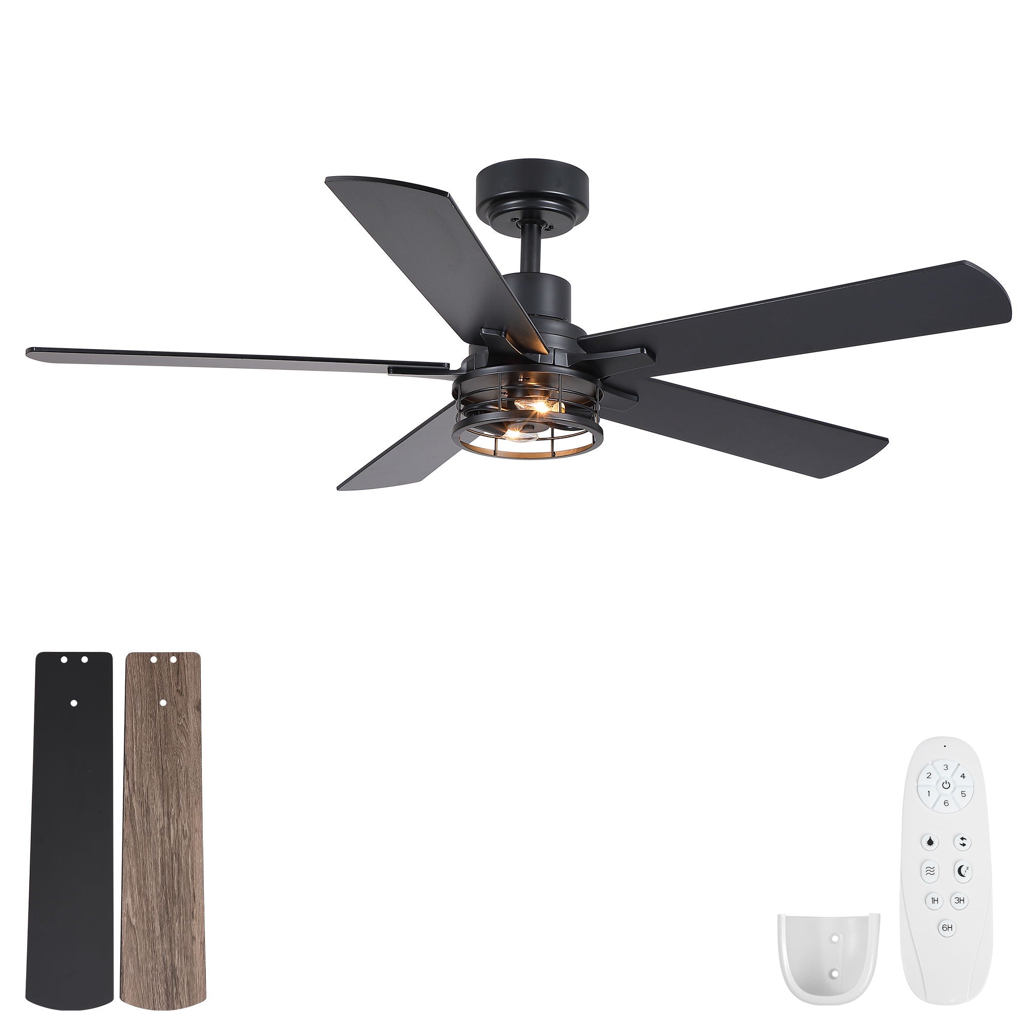 Ceiling Fan With Light, Dual‑Sided Matte Black &amp; Wood Grain Blades - Black
