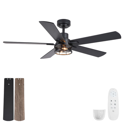 Ceiling Fan With Light, Dual‑Sided Matte Black &amp; Wood Grain Blades - Black