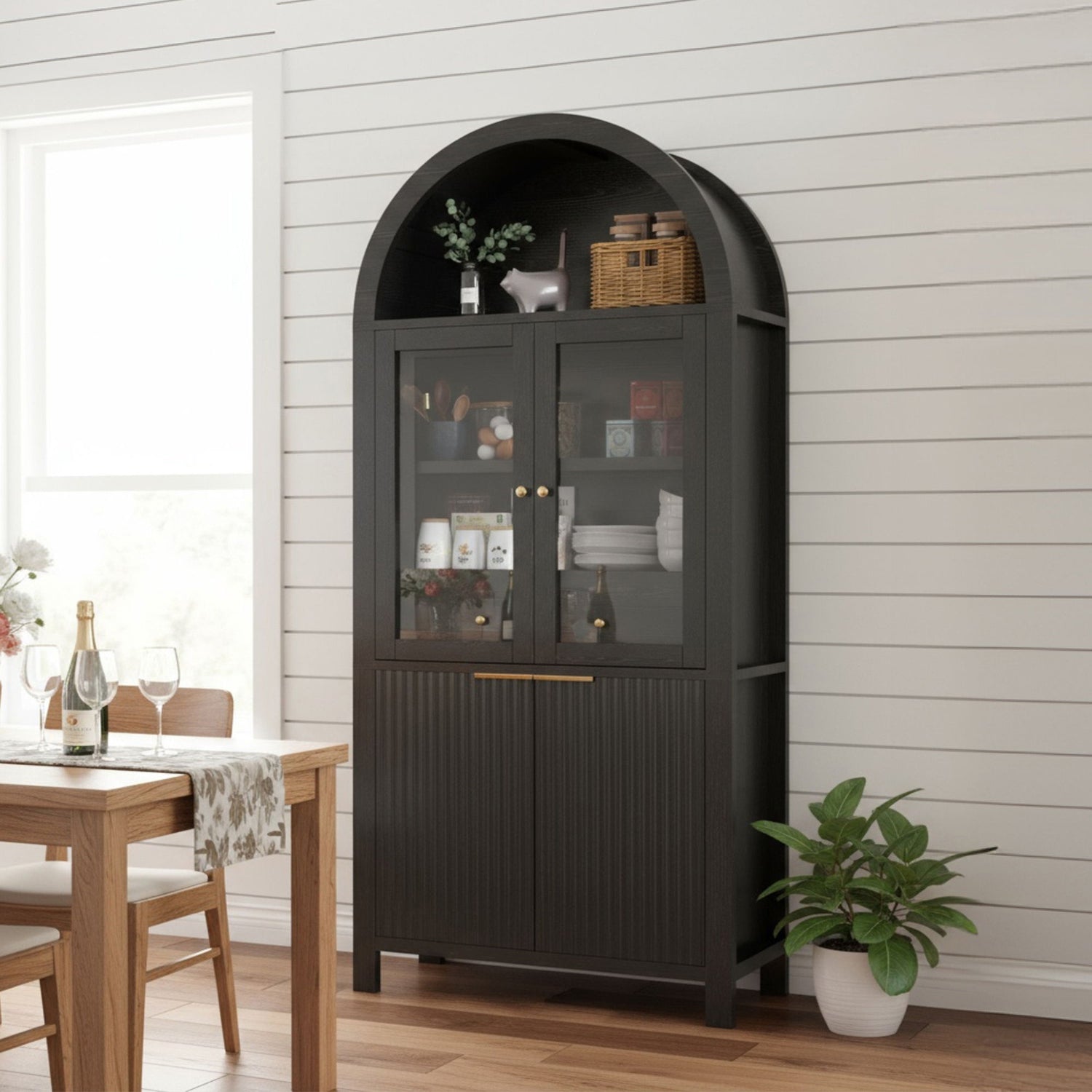 Fluted Tall Arched Pantry Cabinet With Adjustable Shelves