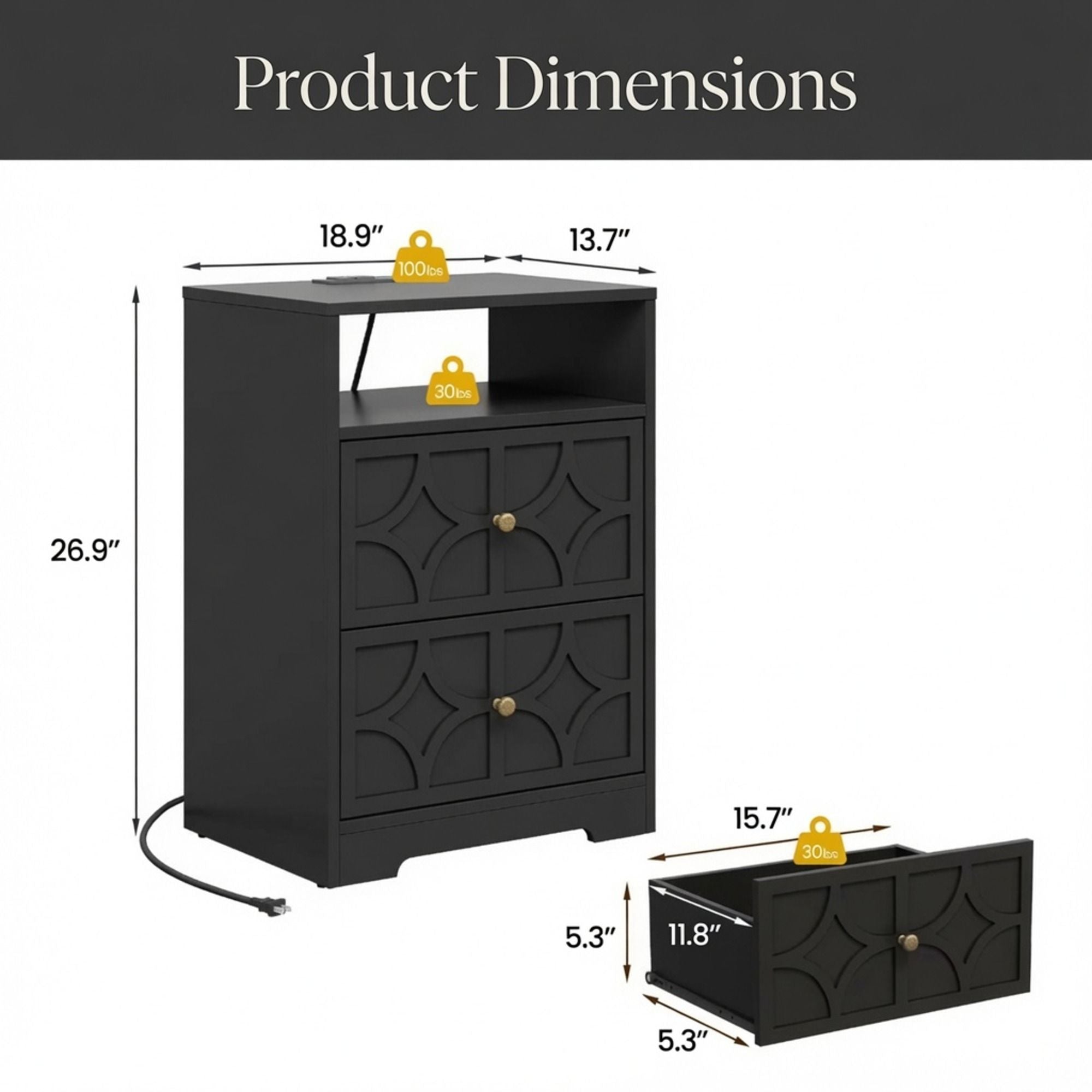 Nightstand With Diamond Carvings Handles, 2 Drawers &amp; Charging Station